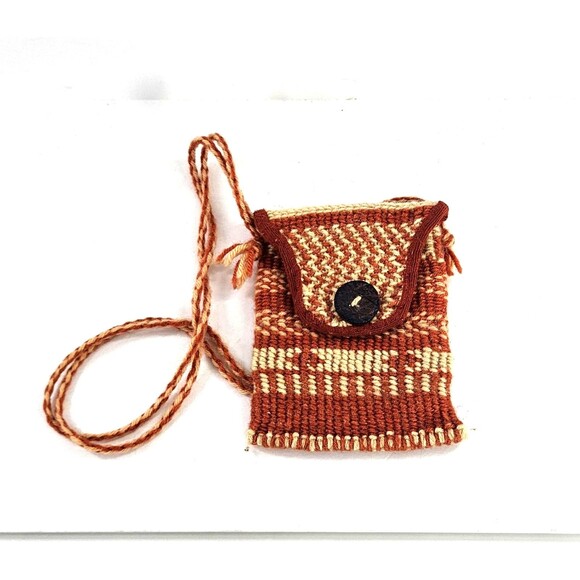 Hand Woven Wool Amulet Phone Shoulder Bag Burnt Orange & Beige Button Close ~5x5 - Picture 1 of 9